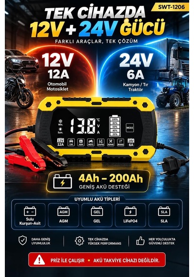 Tr Akıllı Akü Şarj Cihazı 12v 12a / 24v 6a, 4ah-200ah Lcd Ekranlı Akü Bakım Cihazı, Kış Yaz Modu, Pulse Repai