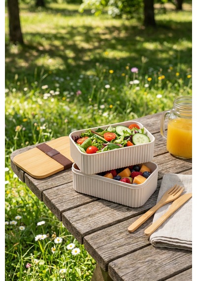 Makri Home Bambu Kapaklı 2'li Saklama Kabı Seti 0,5+0,5 Litre Üst Üste Konabilir 15x9x10 Cm Krem