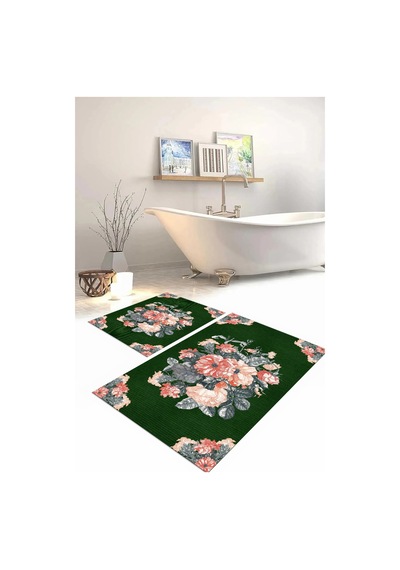 Buççin Online Mağaza Dijital Baskılı Yıkanabilir Kaymaz Taban Çiçek Detaylı Banyo Paspası Klozet Takımı Polyester Yeşil Çok Renkli