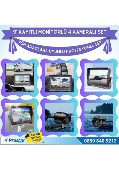 9 Inç Dörde Bölünür Kayıtlı 256gb Sd Destekli 4 Kameralı 720p Ahd 4 Pin Soketli Tak Kullan Kamera Seti