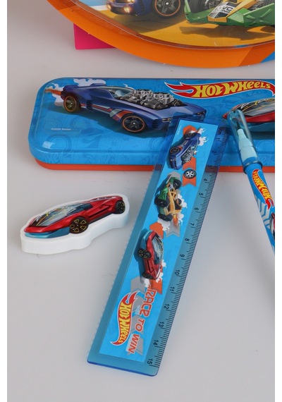 X Dekomus Lisanslı Hotwheels Özel Tasarımlı 5'li Kırtasiye Seti Metal Kalem Kutusu,cetvel,kalem Açık Gri