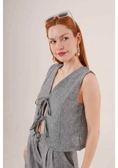 Defymoda Ön Bağlama Detaylı Yelek Ve Pantolon Antrasit İkili Takım Siyah