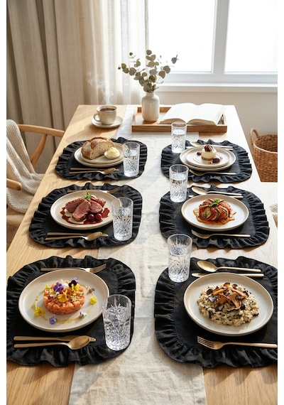 Pamuklu Fırfırlı Kare Supla 6'lı Set Amerikan Servis 33 Cm Supla Siyah