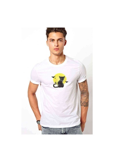 Cat On The Moon Baskılı Beyaz Erkek Tshirt