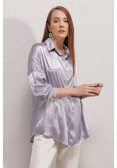 Bigdart 3985 Oversize Saten Gömlek - Lila 001