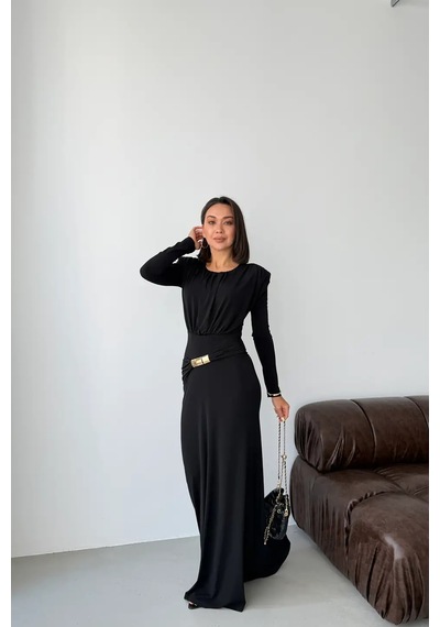 Feminist Siyah Vatkalı Omuz Büzgülü Tokalı Elbise 475262732