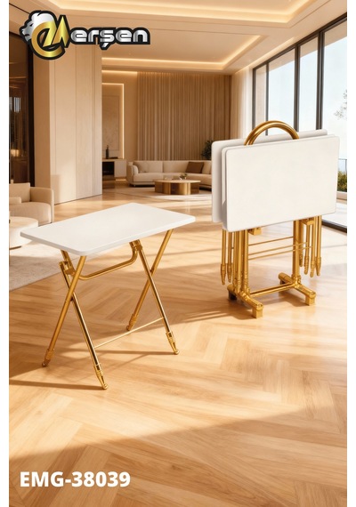 Eranş Serisi 4'lü Katlanır Mdf Mebran Ahşap Çanta Zigon Sehpa Gold Ayak Beyaz Desen Gold Ayak