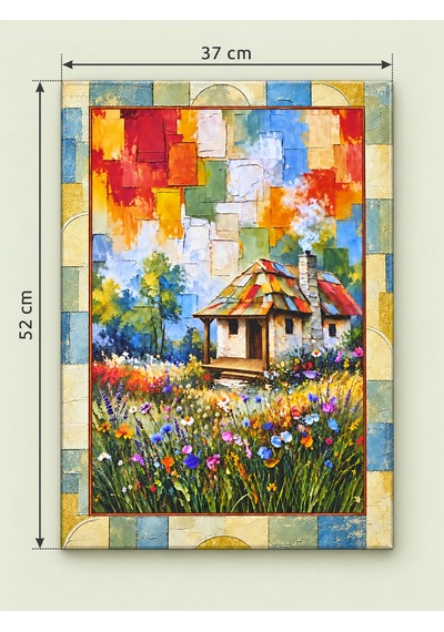 Renkli Bloklar Kenar Detaylı Çiçekli Kır Evi Temalı Dekoratif Ahşap Tablo 37x52 Cm