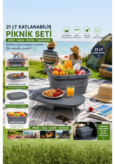 Porsima 07-1304 Katlanır Piknik Sepeti Masalı 21 L Antrasit