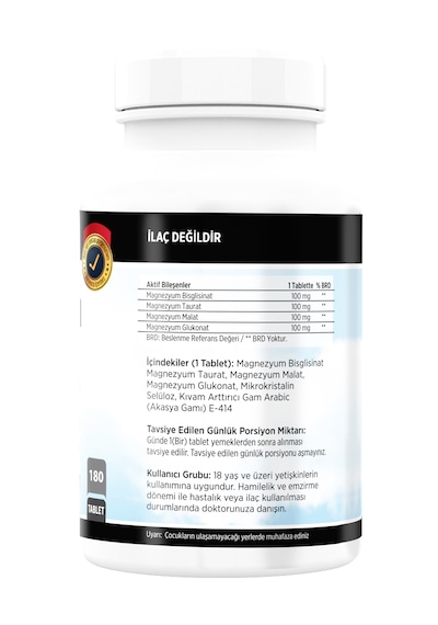 Magnezyum Bisglisinat Malat Taurat Glukonat 180 Tablet