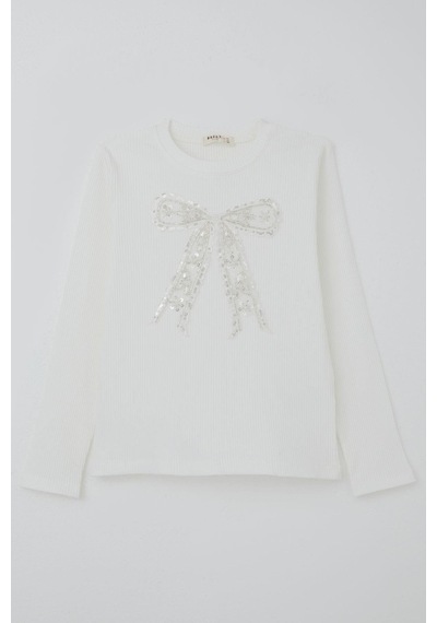 Breeze Kız Çocuk Uzun Kollu Tişört İncili Pullu Fiyonk Armalı 9-14 Yaş, Beyaz Beyaz