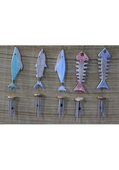 Ahşap Balıklı Metal Çan - 70 Cm Dekoratif Marin Temalı Duvar Süsü No:5 Çok Renkli