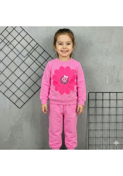 İkili Çiçek Baskılı Kız Takımı Pembe