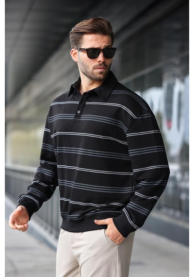 Madmext Siyah Çizgili Polo Yaka Erkek Sweatshirt E7172 Siyah