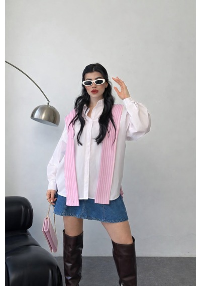 Ribana Kadın Atkı Detay Uzun Kollu Terry Cotton Çizgili Gömlek 3201 Pembe