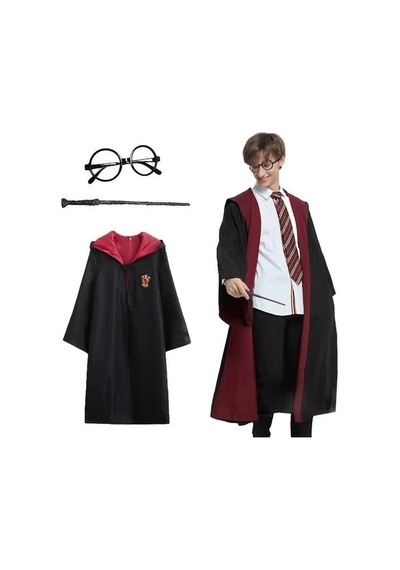 Harry Potter Gryffindor Kapişonlu Çocuk Kostüm + Asa + Gözlük Seti 9-10 Yaş Çok Renkli