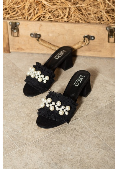 Dabab Shoes Nubıa Kadın İnci Detaylı Hasır Topuklu Siyah Terlik Sandalet