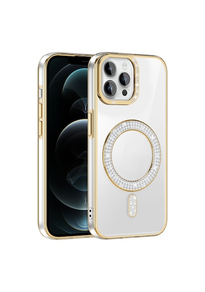 Apple Uyumlu iPhone 12 Pro Kılıf Pırlanta Taş Tasarımlı M-safe Şarj Özellikli Karetta Silikon Kapak Gold