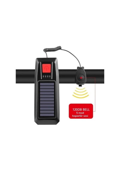 Su Geçirmez Güneş Enerjili Led Işıklı Bisiklet Farı - Kornalı Usb Ile Şarj Edilebilir Fener - 11 Cm