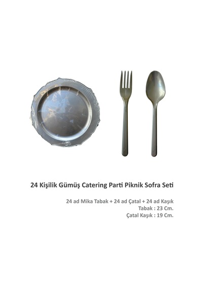 Omeyva Nişan Kına Piknik Gümüş Sorfa Seti - Sert Mika Plastik - 24 Kişilik Tabak Çatal Kaşık Takımı