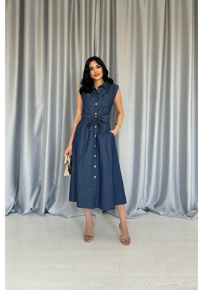 De'charme Mavi Tencel Çıtçıtlı Elbise