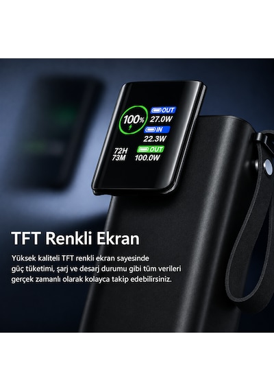 100w Ultra Hızlı Şarj Powerbank 20000 Mah Pd 3.0 Tft Ekranlı Dahili Type-c Kablolu Siyah