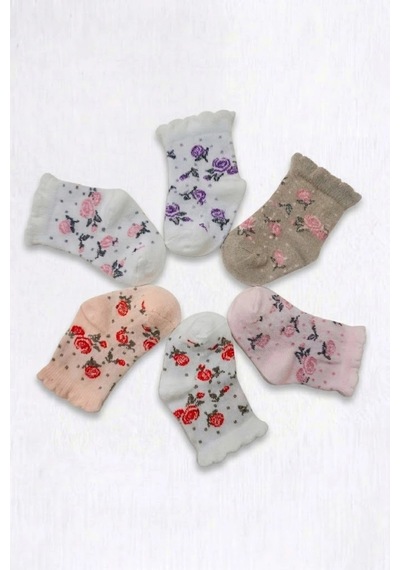 Cocole Socks Kız Bebek Soket Çorabı Kraft Kutulu 6'lı Set Pamuklu 0-1 Güllü Çok Renkli