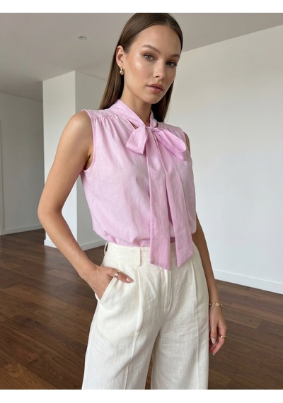 Pera Moda Sıfır Kol Fularlı Modal Yazlık Kadın Gömleği Pembe