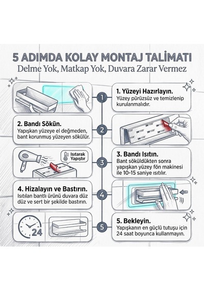 Siyah Paslanmaz Metal Banyo Rafı - 3m Yapışkanlı Duş Rafı Ve Mutfak Düzenleyici Organizer - Matkap Gerektirmeyen Kolay Montaj