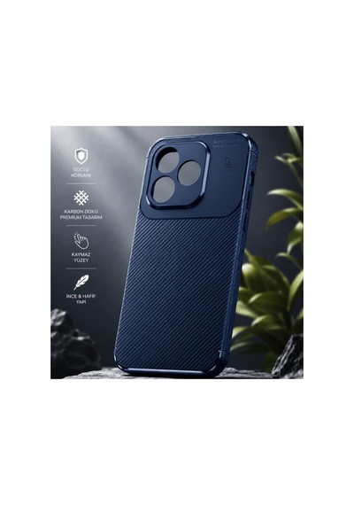 Honor 600 Lite Uyumlu Karbon Tasarım Silikon Telefon Kılıfı Ve Temperli Cam Ekran Koruyucu Lacivert