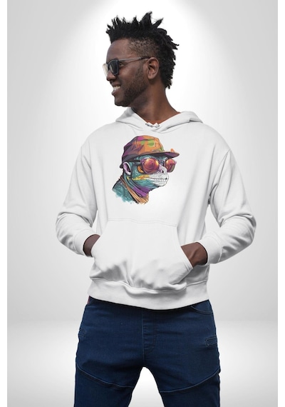 Gözlük Şapka Mukalemun Kadın Erkek Beyaz Kapüşonlu Sweatshirt Hoodie Beyaz
