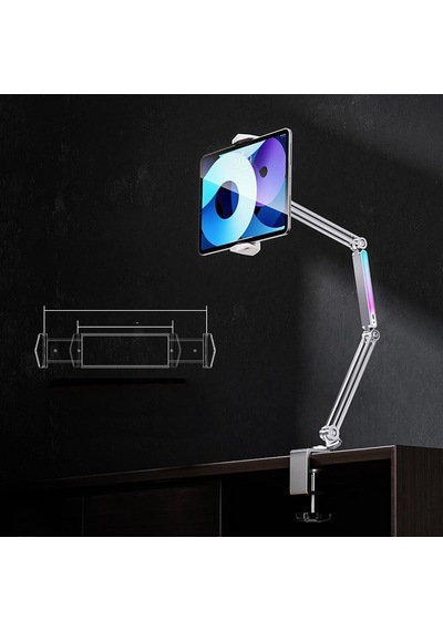 Profesyonel Ayarlanabilir Led Işıklı Uzun Kollu Alüminyum Masaüstü 14.6 İnç Kadar Uyumlu İpad İle Uyumlu Tablet Stant Ve Tutucu Cantilever Kol Tasarım, 360 Döner, Tablet Standı P67h