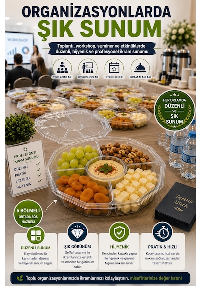 10'lu Sekizgen 5 Bölmeli Kendinden Kapaklı Pet Gıda Kabı 900 Cc Şeffaf Sızdırmaz Sunum Kabı 23 Cm Set