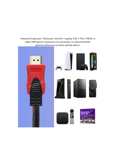 Vetech 1.5 Metre Hdmı Kablo Örgü Sargılı Dayanıklı Full Hd Televizyon/monitör/tv Hdmi Kablosu/uydu Alıcısı Uyumlu Hdmi Kablosu