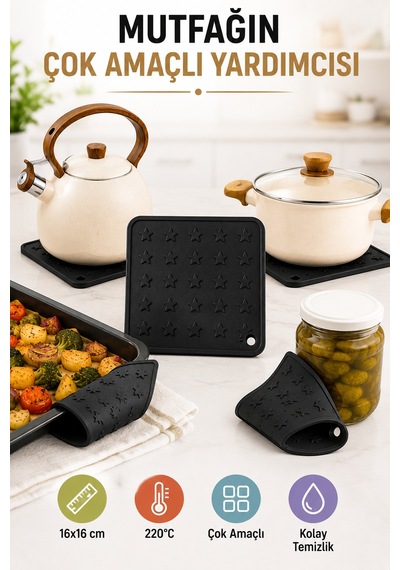 Siyah Silikon Nihale 16x16cm Çok Amaçlı Tencere Tava Altlığı Fırın Tepsi Tutacağı Kavanoz Açacağı Ev