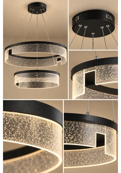 Modern Premium Cam Led Sarkıt Avize Siyah Çift Halkalı Dekoratif Salon Avizesi 48w