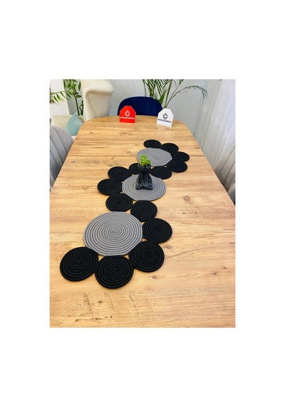 Jüt, Hasır, Dekoratif Masa Örtüsü,papatya Model Runner 40x110 Cm, Sehpa Örtüsü, Bohem Tarzı Gri Siyah Gri Siyah