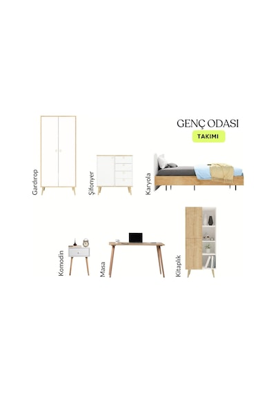 Floradesign Genç Odası Takımı Gardırop + Karyola + Şifonyer + Komodin + Çalışma Masası + Kitaplık Meşe + Beyaz Meşe - Beyaz Floradesign Genç Odası Takımı Gardırop + Karyola + Şifonyer + Komodin + Çalışma Masası + Kitaplık Meşe + Beyaz Meşe - Beyaz