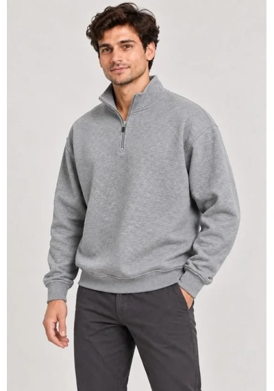 Butik İstanbul Erkek Üç İplik İçi Şardonlu Dik Yaka Yarım Fermuarlı Kışlık Sweatshirt - Gri