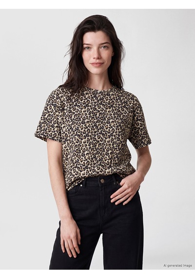Lcw Comfort Kahverengi Bisiklet Yaka Leopar Desenli Kadın Tişört