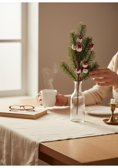 Yapay Çiçek Kokina Narlı Çam Dalı Karlı Renk 30cm Yılbaşı Çiçeği Red Berry Kırmızı