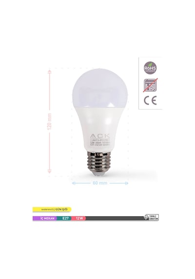 ACK LED A60 Ampul 3000K Gün Işığı 220V 12W E27