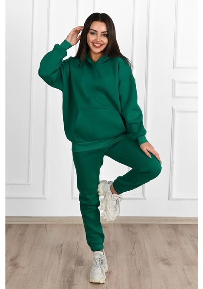 Düz Basic Eşofman Takımı Sweatshirt Jogger - Yeşil Oversize Şardonlu Kapüşonlu Yeşil
