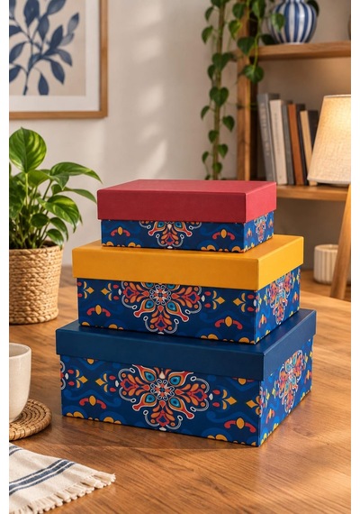 Kolix Hediyelik 3 'lü Dekoratif Kutu Etnik Model Premium Paketleme Kutusu