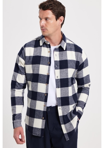 Tudors Erkek Slim Fit Dar Kesim Kareli Kışlık Oduncu Gömlek-42336 Lacivert