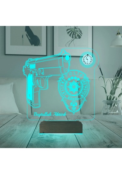 Luvivia Polis Logo Tasarımlı Hediye Kişiye Özel Metal Saatli 3d Lamba - Masa Gece Lambası Şeffaf