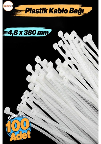 100 Adet Cırt Kelepçe 4,8x380 Mm Plastik Beyaz Renk Zip Kablo Bağı Çok Amaçlı Bağlama 0.5 MM
