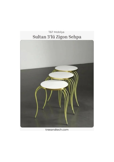 Sultan 3'lü Altın Tel Zigon Sehpa Beyaz
