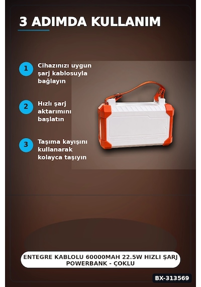 Bay Entegre Kablolu 60000mah 22.5w Hızlı Şarj Powerbank - Çoklu Usb-c Çıkışlı Güç Bankası Bx-313569 Najmaddi Standart