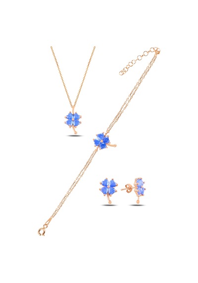 Çekirdekjewelry 925 Ayar Gümüş Rose Mavi Taşlı Yonca Takı Seti Pembe